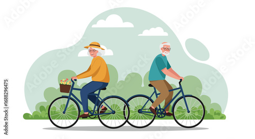 Elderly couple enjoying a bike ride together in a peaceful outdoor scene