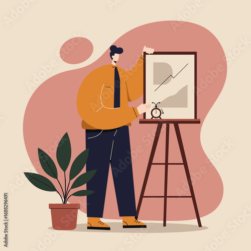 Man presenting a modern graphic chart on an easel with an alarm clock, representing business growth, strategic planning, and efficient time management. Useful for corporate themes.