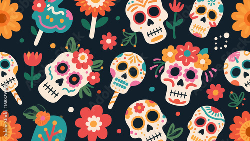 Festive Day of the Dead pattern featuring sugar skulls and colorful flowers