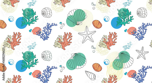 Vibrant coral reef pattern with seashells and starfish, perfect for summer beach decor
