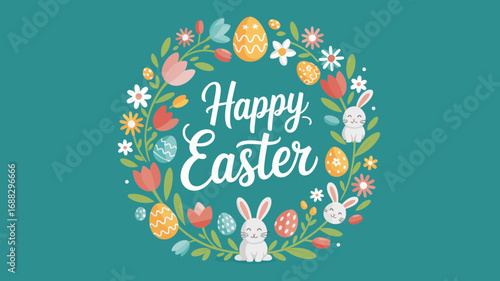 Floral wreath illustration with Happy Easter greeting and cute bunnies