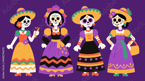 Four Catrina figures in traditional dresses for Day of the Dead holiday