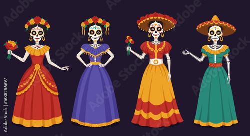 Four elegantly dressed Catrina skeletons celebrate Day of the Dead
