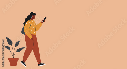 Young woman walks confidently, engaged with her smartphone, symbolizing modern communication, digital connection, and everyday urban lifestyle.