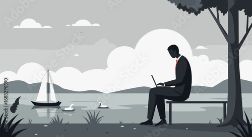 Businessman working remotely on a laptop by a serene lake with a sailboat, swans, and mountains, symbolizing work-life balance and flexible working.