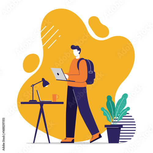 Man with backpack using laptop, symbolizing remote work, online learning, or digital nomad lifestyle. Modern flat illustration for flexible productivity.