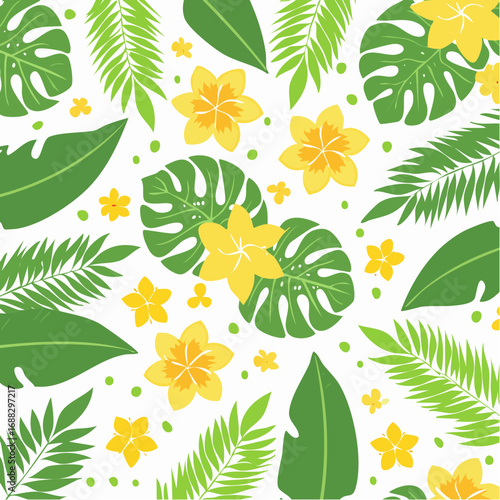 Seamless tropical pattern with green monstera and palm leaves and yellow plumeria flowers on a white background.