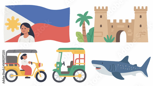 Philippines travel icons featuring flag, landmarks, vehicles and wildlife