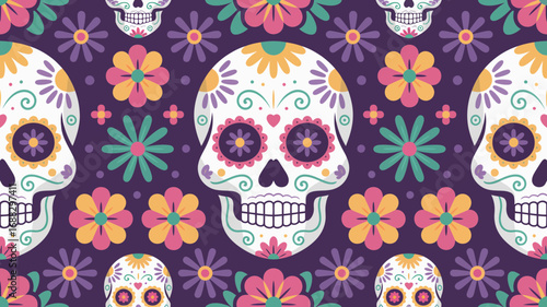 Seamless pattern of sugar skulls and flowers on a purple background
