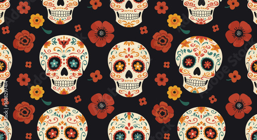Seamless pattern with decorative sugar skulls and colorful flowers design