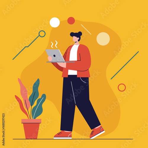 Modern illustration of a person working remotely on a laptop while standing, with a plant and abstract shapes, depicting flexible work and productivity.