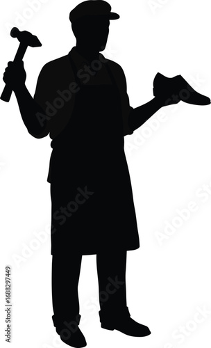 Silhouette tradesperson holding hammer and shoe industry tools vector