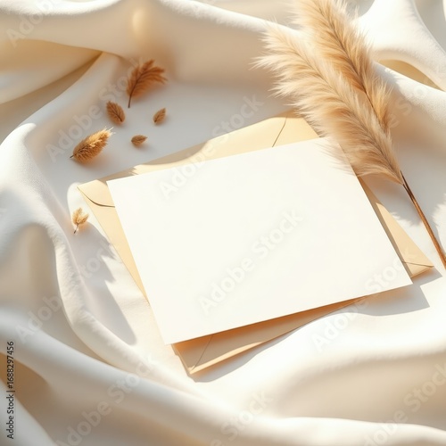 Invitation card mockup blank card and envelope on silky fabric with dried floral elements creating a soft aesthetic scene