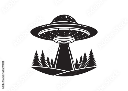 Flying saucer silhouette vector, UFO spaceship illustration with beam of light in black and white design.