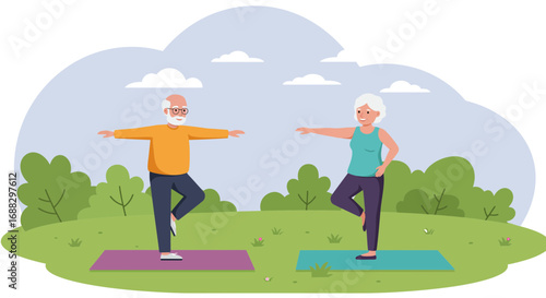 Senior couple practicing yoga outdoors in park for healthy lifestyle