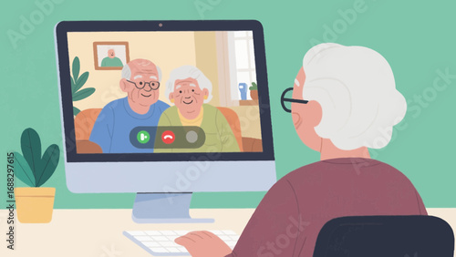 Senior woman video calling with elderly couple on computer at home