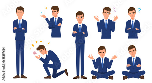 Set of cartoon businessman character in different poses and expressions