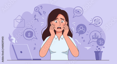 Stressed woman surrounded by social media icons and financial symbols