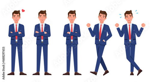Set of happy young businessman in blue suit expressing positive emotions