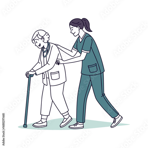 A caring nurse gently assisting an elderly woman with a walking stick filled with warmth and support