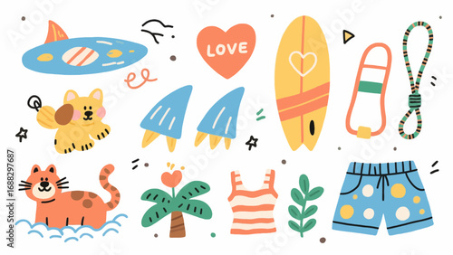 Summer vacation themed colorful vector illustration with beach elements
