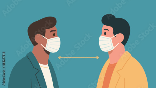 Two men maintaining social distance wearing face masks illustration