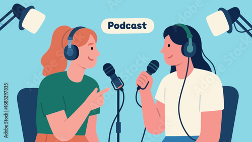 Two women recording a podcast with microphones and headphones in a studio