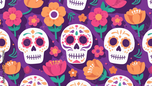 Vibrant Day of the Dead pattern featuring sugar skulls and colorful flowers