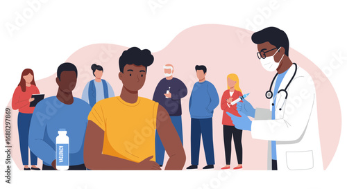Vaccination clinic with diverse people receiving vaccine shot illustration