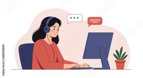 Woman with headphones working on computer with chat bubbles illustration