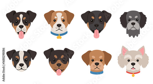 Adorable collection of cartoon dog faces with various breeds and colors