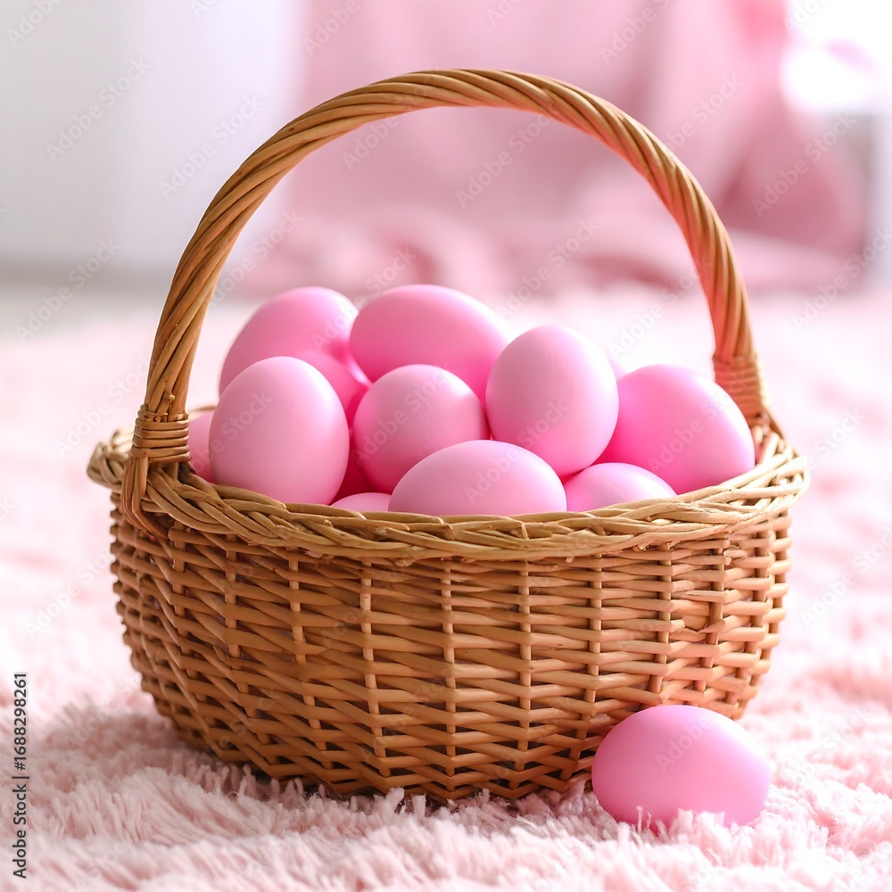Naklejka premium Pink Easter eggs in a wicker basket on a soft pink floor