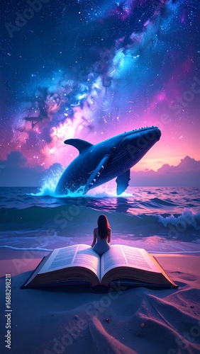 Whale leaps from cosmic ocean. Woman sits on book