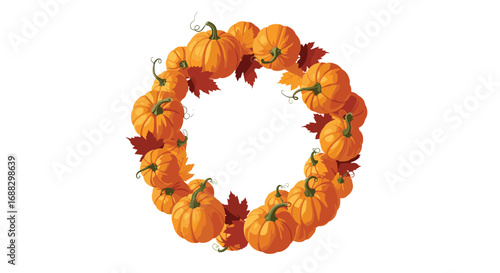 Vibrant pumpkin and autumn leaf wreath creates festive fall harvest and Thanksgiving celebration designs