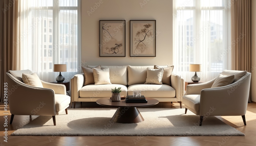 Fototapeta premium Stylish living room features comfortable sofa, armchairs around modern coffee table. Natural light streams through large windows, illuminating elegant decor including artwork, lamps. Soft rug, plush