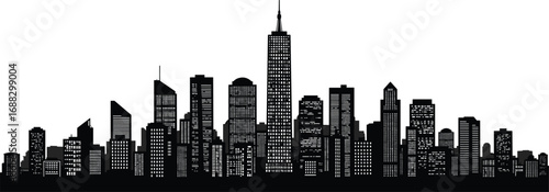 Detailed city skyline silhouette vector, modern urban architecture, high-rise buildings illustration, black and white cityscape design for posters, prints, and graphic use