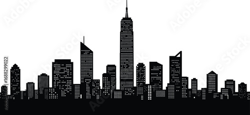 Modern city skyline silhouette vector, urban architecture illustration with tall buildings, business district skyline design for print, poster, and graphic use