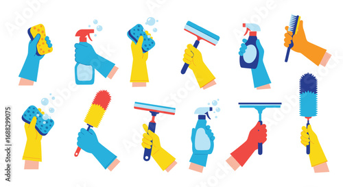 Hands in colorful gloves holding cleaning tools, ready for a spotless home and sparkling shine.