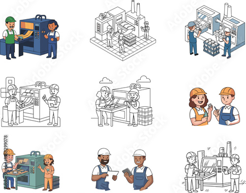 Factory workers, manufacturing teamwork, industrial machines, production technology, quality control, skilled labor, engineering process, industry workforce, factory floor operations, automation tools