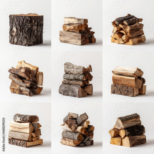 Wallpaper Mural Collection of nine different stacks of firewood against a white background Torontodigital.ca