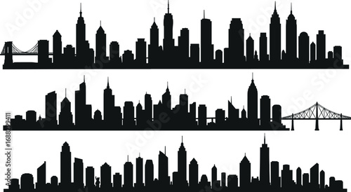 City skyline silhouette collection, urban skyscraper landscape, modern city buildings, architectural skyline vector, black city outlines for graphic design projects
