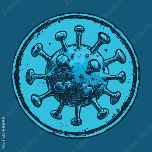 Blue virus inside a prohibition sign. Virus prevention, antiviral protection, infection control, public health safety, disease restriction concept. , vector style simple color