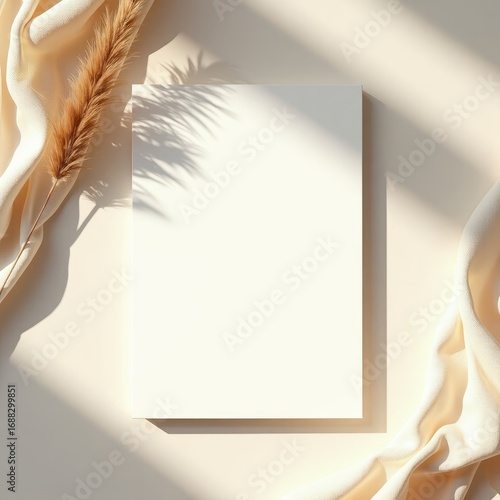 Invitation card mockup a blank canvas surrounded by soft fabric and a sprig of wheat under gentle sunlight casting shadows