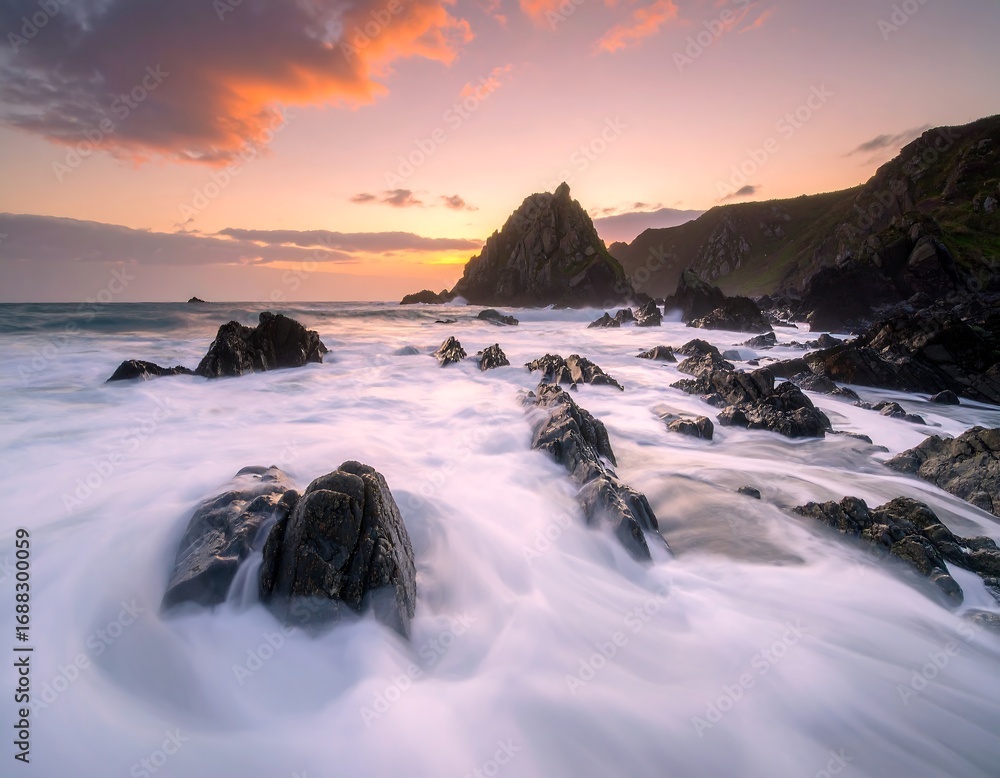 Obraz premium Dramatic sunset over a rocky coastline