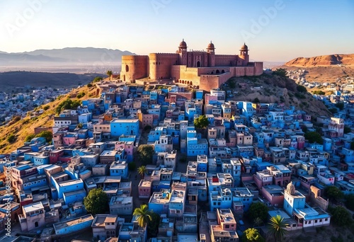 Jodhpur's blue houses sprawled below Mehrangarh Fort, Rajasthan, India Majestic aerial view,  travel,  desert city