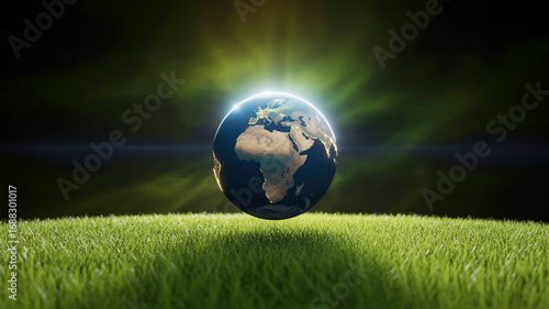 Earth globe floating above lush green grass with bright light rays emanating from behind planet world