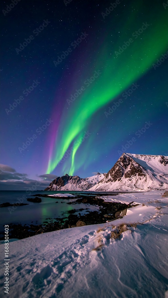 Naklejka premium Northern Lights Over Snowy Coast