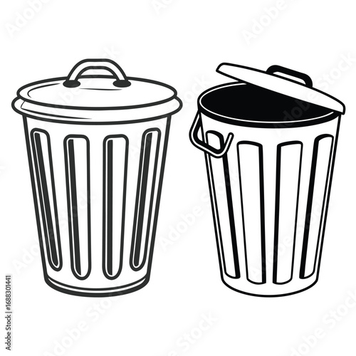 Two black and white line art illustrations of trash cans, one with a closed lid and the other with an open lid.