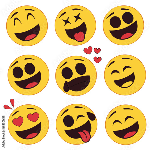 A collection of nine expressive yellow emoji faces showing various emotions like joy, love, and silliness.