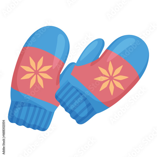 Two vibrant knitted mittens are displayed against a white background. They feature a fun floral design, ideal for keeping hands warm during chilly winter days. Perfect for festive activities